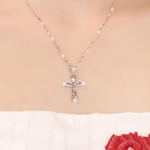 KOFSAC New Trendy 925 Sterling Silver Necklaces For Women Charming Love Heart Wings Cross Necklace Girl Engagement Jewelry Hot ► Photo 1/6