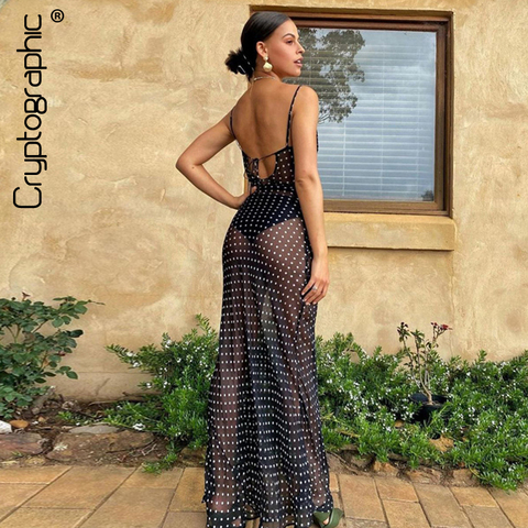 Cryptographic Spaghetti Strap Polka Dot Maxi Dresses Sexy Backless Women Dresses Party Club Black Mesh See Through Dress Elegant ► Photo 1/6