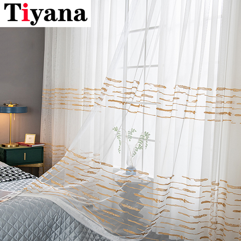 White Tulle Curtain With Golden Embroidery Thread Pearls Tulle for Living Room Finished Window Drapes Grey Stripe Curtain JK074Y ► Photo 1/6