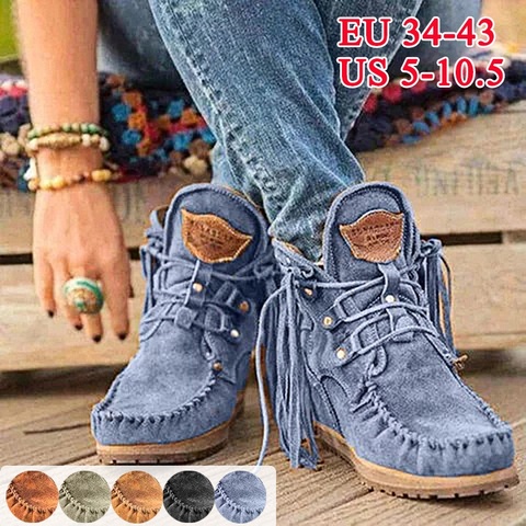 Women Faux Suede Boots Autumn Causal Lace Up Round Toe Female Ankle Boots Vintage Solid Tassel Ladies Cowboy Boots Short Boot ► Photo 1/6