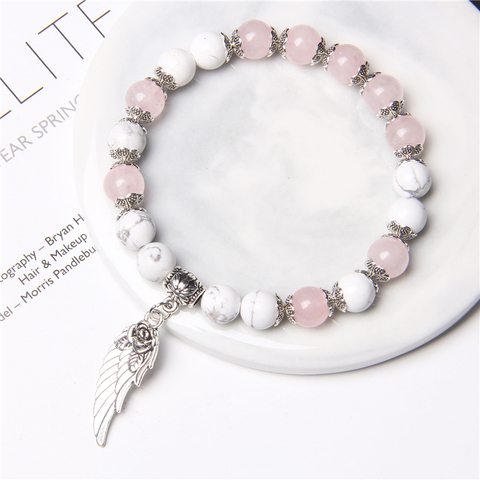 Handmade Silver Color Rose Angel Wing Pendant Bracelet Natural Pink Quartz Crystal Beads Charm Bracelet Women Romantic Jewelry ► Photo 1/6