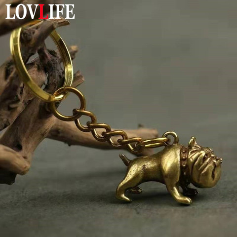 Pure Brass Cute Cartoon Dog Key Chain Pendants Vintage Metal Copper Animal French Bulldog Pug Figurines Keychain Hanging Jewelry ► Photo 1/6