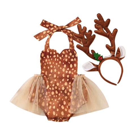 2022 Christmas Baby Girl Romper Deer Costume Clothes Sleeveless Dot Print Backless Tulle Tutu Jumpsuit Dress Party 0-24M ► Photo 1/6