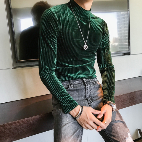 Velvet Turtleneck T-Shirt 2022 Fall Winter Slim Striped Casual T-Shirt Men Long Sleeve Tight T-Shirt Club Costume Camiseta Homme ► Photo 1/6