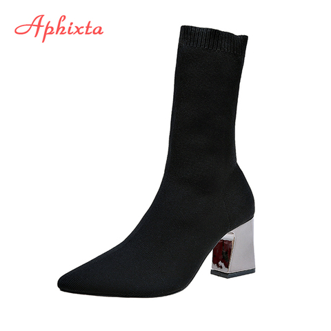Aphixta Metal Color 7cm Square Heels Socks Boots Women Big Size 43 Stretch Fabric Elastic Pointed Toe Shoes Ankle Boot Woman ► Photo 1/6