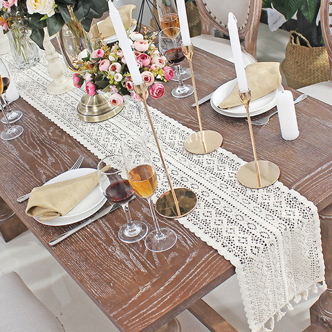 Crochet Hollow Lace Table Runner Tassels Beige 100% Cotton Wedding Decor Tablecloth Nordic Romance Table Cover Coffee Runners ► Photo 1/5