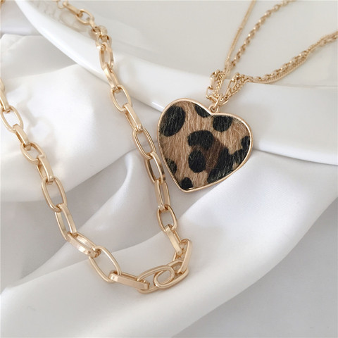 Gold Color Leopard Skin Print Heart Pendant Wide Chain Separable Necklace 2022 Fashion Words Jewelry Party Gift ► Photo 1/6