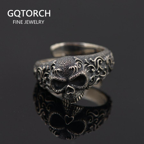Gothic Punk Skull Rings For Men And Women 925 Sterling Silver Jewelry Resizable Vintage Flower Engraved Skeleton Finger Band ► Photo 1/6