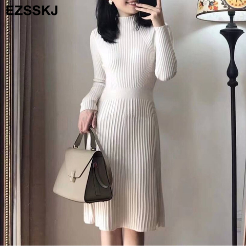 elegant OL turtleneck slim long Sweater dress women Thick knit Autumn Winter dress female Slim A-line basic dress casual ► Photo 1/6