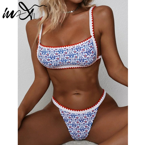 In-X Print bikini 2022 Bandeau swimsuit women Patchwork 2 pieces set High cut swimwear female Sports bathing suit biquini summer ► Photo 1/6