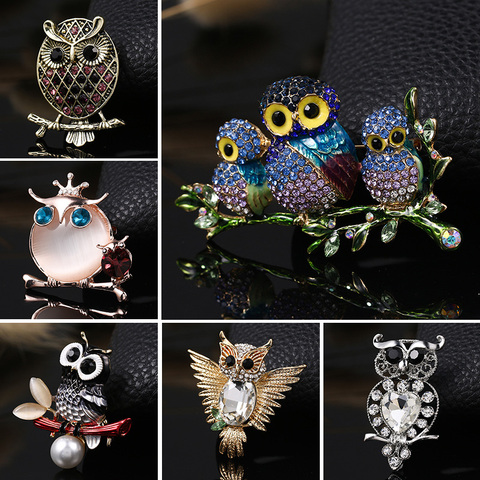 Couple Owl Brooch Animal Brooches For Women Men Clothes Scarf Buckle Collar Jewelry Pins Blue Eyes Enamel Pins Rhinestone Brooch ► Photo 1/6