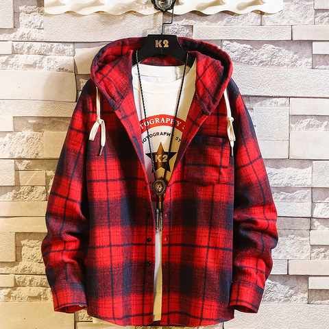 Casual Brand With Hooded Plaid Shirt Men'S Fleece Red Shirts Long Sleeves 2022 New Spring Autumn Plus OverSize M-6XL ► Photo 1/6