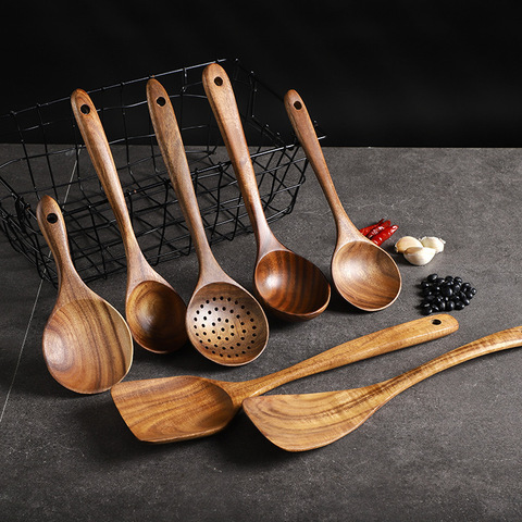 1-7pcs/set Teak natural wood tableware spoon colander spoon special nano soup skimmer cooking spoon wooden kitchen tool kit hot ► Photo 1/1