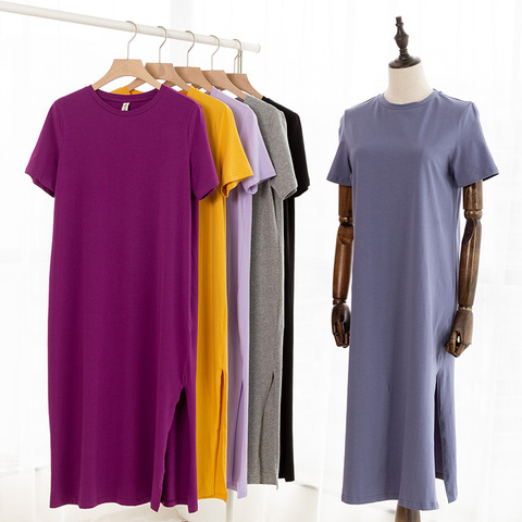 Casual Women Split Long Dress O-neck Short Sleeve Solid blue Summer Cotton T shirt Dress Sales M30465 ► Photo 1/6