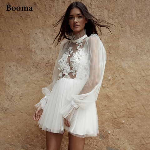 Booma Simple Backless Short Wedding Dresses Long Sleeves Pleated Tulle Mini Bride Dresses Flowers Illusion Civil Wedding Gowns ► Photo 1/6