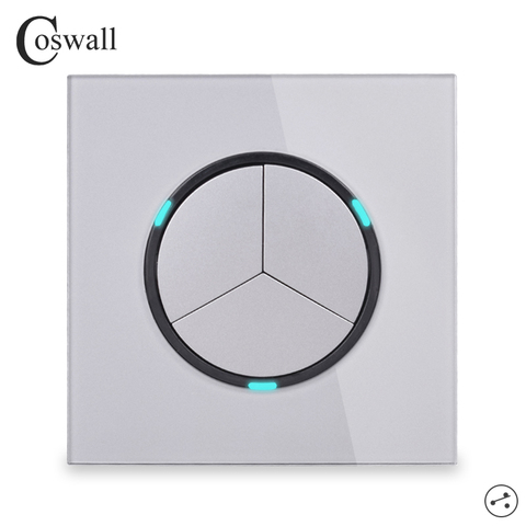 Coswall 3 Gang 2 Way Random Click On / Off Wall Light Switch LED Indicator Pass Through Switch Switched Glass Panel Grey Gray ► Photo 1/4