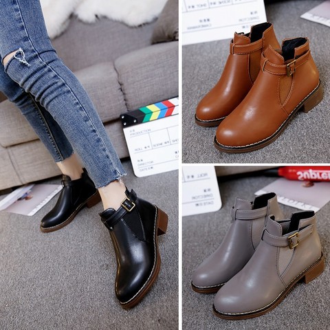 Europe Spring Autumn New Women Boots Ankle Fashion Shoes Woman Martin Boots Pu Leathers Slip-On Med (3cm-5cm) Fashion Round Toe ► Photo 1/6