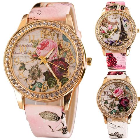 HOT SALES!!! Women Rhinestone Inlaid Flower Round Dial Faux Leather Band Quartz Wrist Watch Fashion Quartz Wrist Watch Women ► Photo 1/6