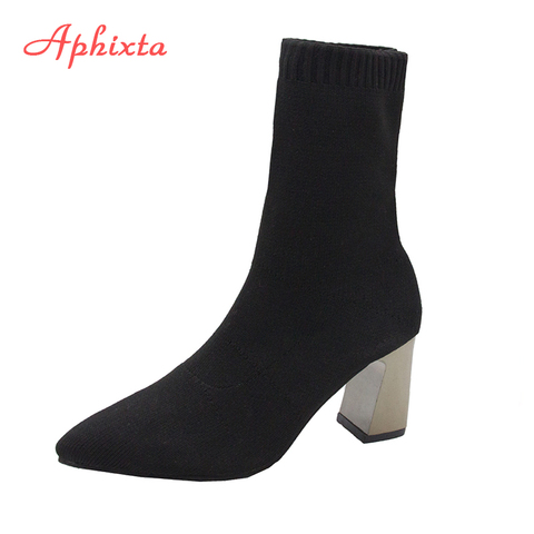 Aphixta Metal Heels Stretch Fabric Socks Boots Women Black Elastic 7.5 Heel Pointed Toe Ankle Boots Shoes Woman Boats ► Photo 1/6