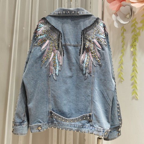 Rivet Wings Punk Coats Women Casual Embroidered Denim Jacket 2022 Sprint Short Denim Coat Jackets for Women Long Sleeve ► Photo 1/6