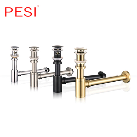 Bathroom Brass Bottle P Trap Pipe Basin Sink Tap  Kit Waste Pop Up Drain Stopper with/No Overflow,Brushed/Chrome/Black/Gold. ► Photo 1/6