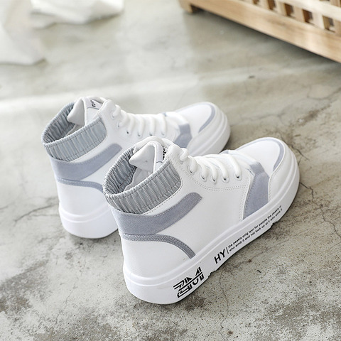 2022 high top casual shoes women autumn flat bottom leather all-match women's white shoes women's shoes leather sneakers ► Photo 1/6