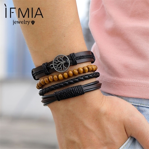 IFMIA New 4Pcs/ Set Braided Wrap Leather Bracelets for Men Vintage Life Tree Charm Wood Beads Ethnic Tribal Wristbands Bracelet ► Photo 1/6