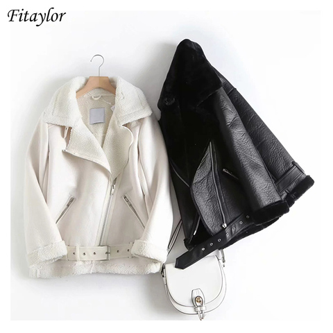 Fitaylor Winter Women Faux Lamb Leather Jacket Streetwear New Autumn Female Thickness Sheepskin Loose Coat with Belt Outwear ► Photo 1/6