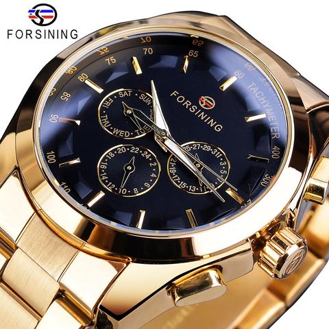 Forsining Black Business Mechanical Men Watch Automatic 3 Sub Dial Date Golden Steel Band Dress Wristwatch Clock Hour Time Reloj ► Photo 1/6