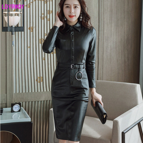 2022 autumn new Korean women's fashion temperament lapel single-breasted Slim PU leather long-sleeved dress Sashes ► Photo 1/5