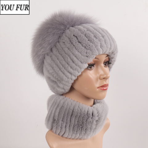Real natural genuine women's knitted rex rabbit fur with fox fur scarf