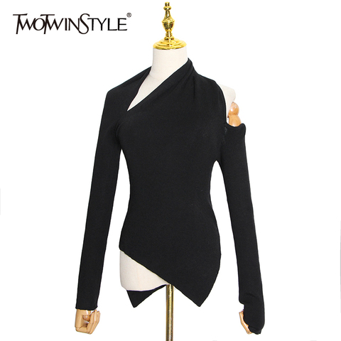 TWOTWINSTYLE Black Sweater For Women Irregular Collar Long Sleeve One Off Shouder Hollow Out Knitted Sweaters Female 2022 Style ► Photo 1/6