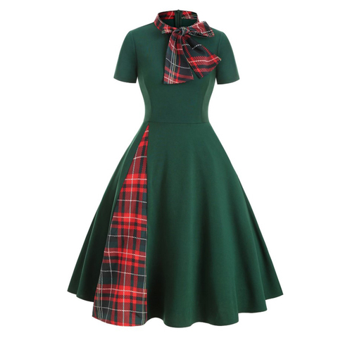 Red Plaid 50s Vintage Pin Up Midi Dress Bow Tie Neck Casual Robe Femme Women Short Sleeve Summer A Line Elegant Dresses Vestidos ► Photo 1/6