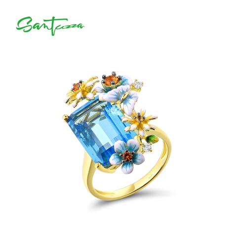 SANTUZZA 925 Sterling Silver Rings For Women Gold Color Shiny Blue Stone Handmade Enamel Delicate Flowers Butterfly Fine Jewelry ► Photo 1/6