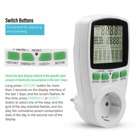 220v Digital Wattmeter EU Plug Power Meter Electricity Cost Diagram Measuring Outlet Power Analyzer ► Photo 1/6