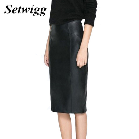 SETWIGG Womens Winter Faux Leather Midi Pencil Skirts High Waist Zipper Back Split PU Leather Bodycon Below Knee Office Skirt ► Photo 1/6