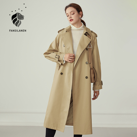 FANSILANEN Khaki long women's trench coat Autumn winter sash belt fashion windbreaker Female causal streetwear jacket trenchcoat ► Photo 1/6