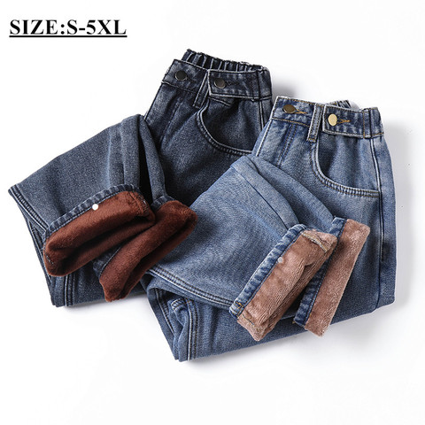 Winter Thick Fleece Warm Loose mom harem pants Jeans Women High waist casual streetwear female blue denim pants Plus size 5XL ► Photo 1/6