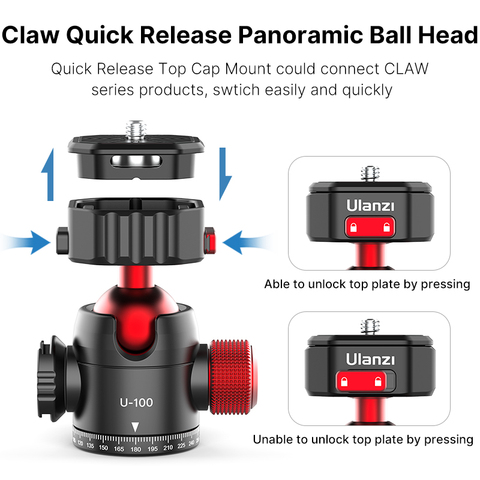 Ulanzi U-100 Claw PD Quick Release Panoramic Ballhead 1/4'' Base Mount Plate and Cold Shoe Ballhead 2 in 1 Design For DSLR ► Photo 1/6