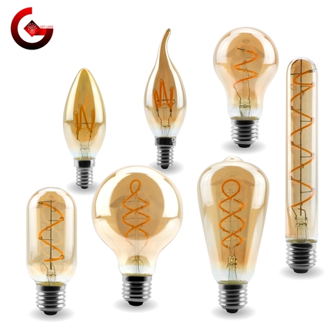 E14 E27 Retro LED Spiral Filament Light Bulb 4W Warm Yellow 220V C35 A60 T45 ST64 T185 T225 G80 G95 G125 Vintage Edison Lamp ► Photo 1/6