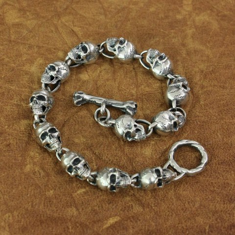 LINSION 925 Sterling Silver Details Skulls Chain Mens Biker Rock Punk Bracelet TA169 ► Photo 1/6