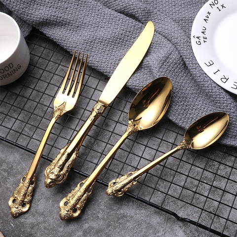 Spklifey Cutlery Set Dinnerware 4 Pcs Gold Cutlery Fork Stainless Steel Spoon Palace Luxury Dinnerware Forks Knives Spoons ► Photo 1/1