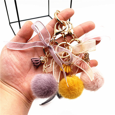 Elegant Lace Bow-Knot Round Ball Keychain for Women Girl Cute Pompom Faux Mink Fur Key Chain Bag Charms Keyring Party Gift ► Photo 1/6