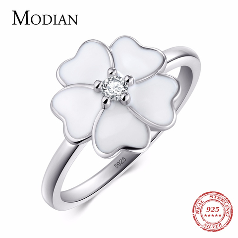 Modian 100% Real 925 sterling silver White Enamel Jewelry Fashion Zirconia Rings Feminine Flower Primrose Stackable Finger Ring ► Photo 1/6