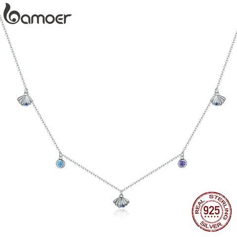 bamoer Authentic Silver Seashell Necklace 925 Sterling Silver Blue CZ Love Necklace Gift for Girl Statement Fine jewelry SCN454 ► Photo 1/6