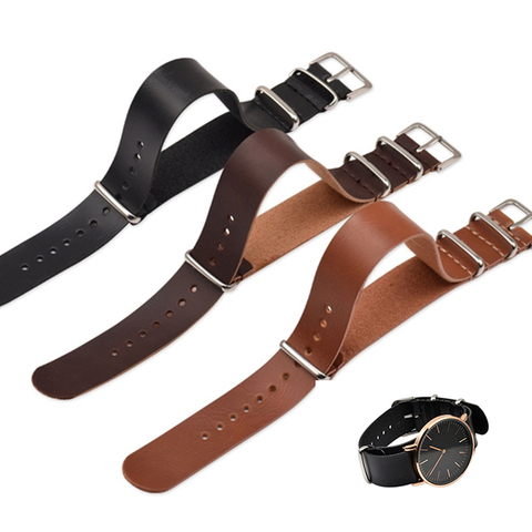 18mm 20mm 22mm 24mm ZULU Leather Watchband NATO Strap Accessories Men Women Silver Ring Buckle Bracelet Band Black Brown ► Photo 1/6