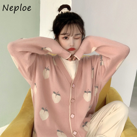 Neploe Peach Pattern Loose Sweet Knit Sweater V Neck Long Sleeve Single-breasted Cardigans Casual  Fashion Pull Femme Coat ► Photo 1/6