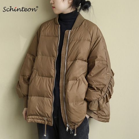 2022 Schinteon Korean Style Women Down Jacket Light Down Loose Outwear Over Size Coat Ruffles Sleeves ► Photo 1/6