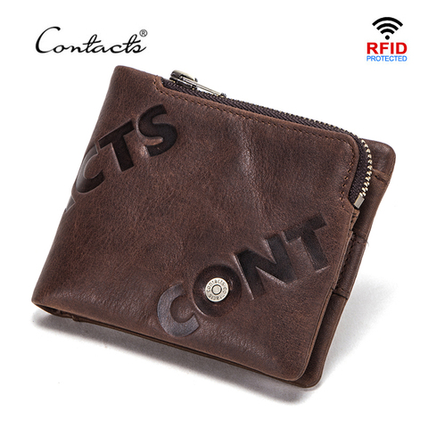 CONTACT'S 100% Genuine Leather Wallet Men Small Card Holder Portfolio Zipper Coin Purse Wallets Mini Money Bags RFID Blocking ► Photo 1/6