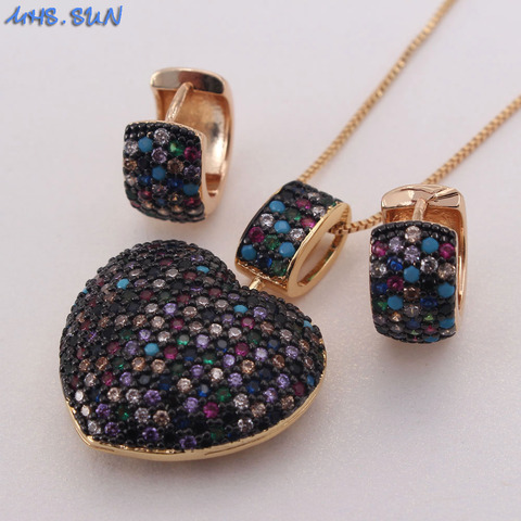 MHS.SUN New Arrival women AAA zircon heart pendant necklace fashion colorful cz crystal earrings jewelry set for female gift ► Photo 1/6